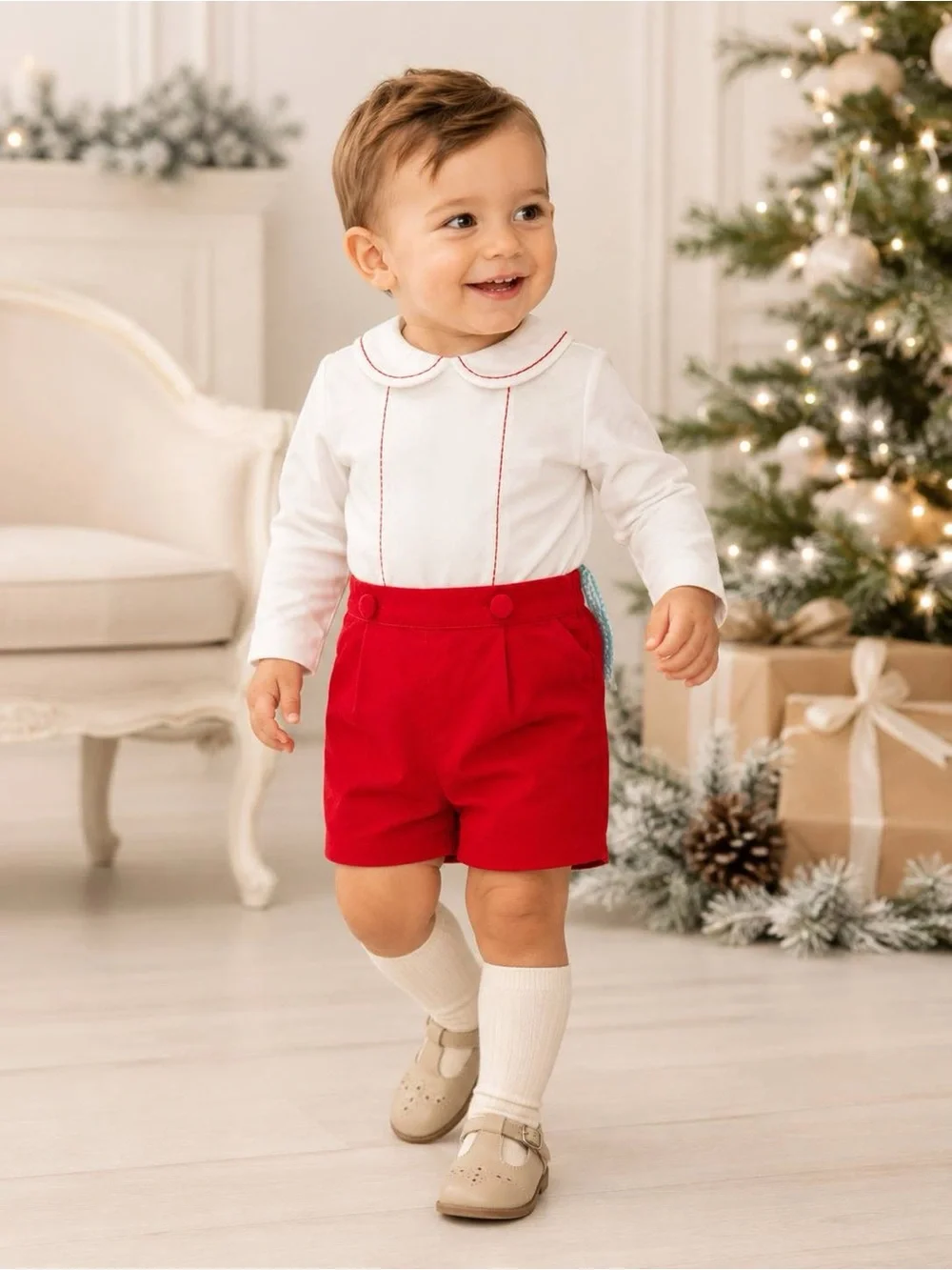 Edgehill Collection Shirt Shorts Set Kids Red White Velvet Size 18M NWT